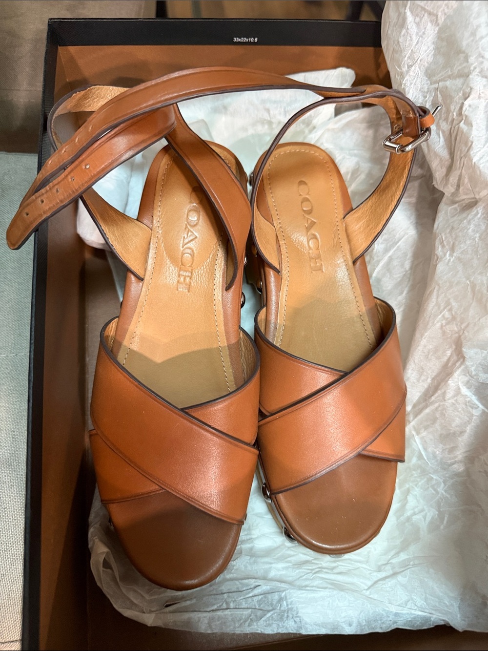 COACH Tan Leather Crisscross Ankle-Strap Sandals